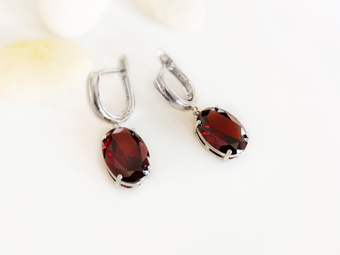 Large cushion cut garnet dangling earrings, dark red gemstone drop earrings, gift for her, gift for mom, bridal earrings, January birthstone