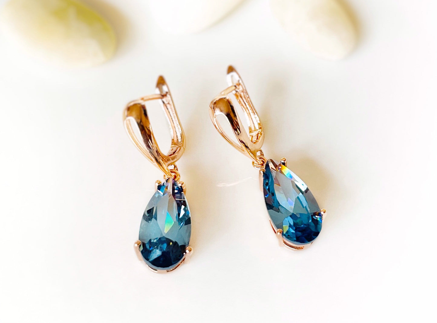 London blue topaz dangling earring in 14K rose gold, gift for her, gift for mom, December birthstone