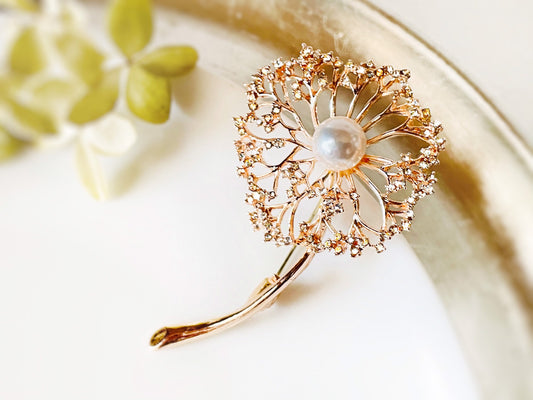 Pearl crystal flower brooch pin rose gold, crystal dandelion wedding brooch, gift for her, gift for mom