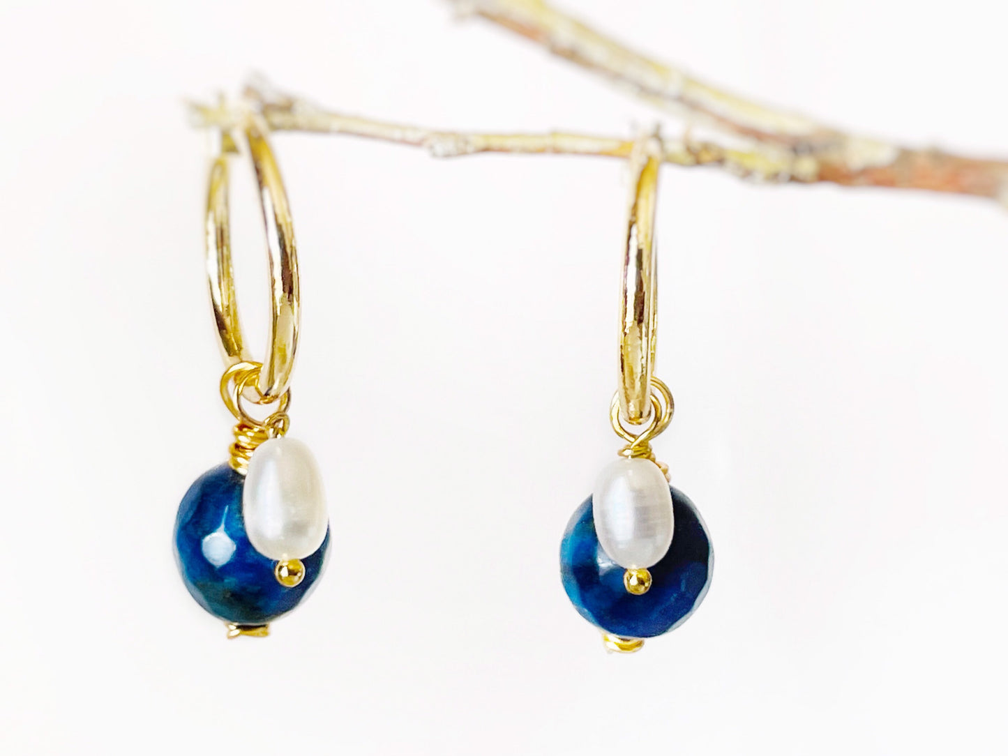 Lapis lazuli pearl gold hoop earrings, handmade natural gemstone pearl earrings, gift for her, gift for mom