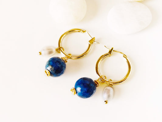 Lapis lazuli pearl gold hoop earrings, handmade natural gemstone pearl earrings, gift for her, gift for mom