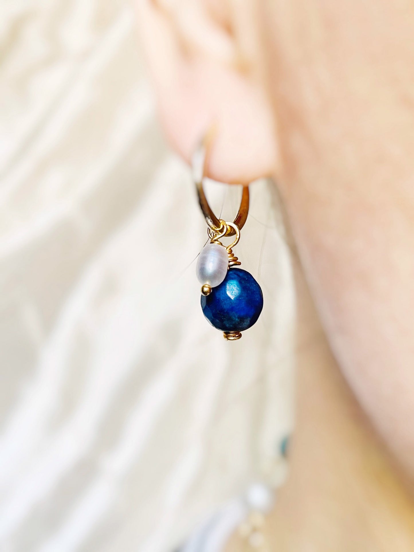 Lapis lazuli pearl gold hoop earrings, handmade natural gemstone pearl earrings, gift for her, gift for mom