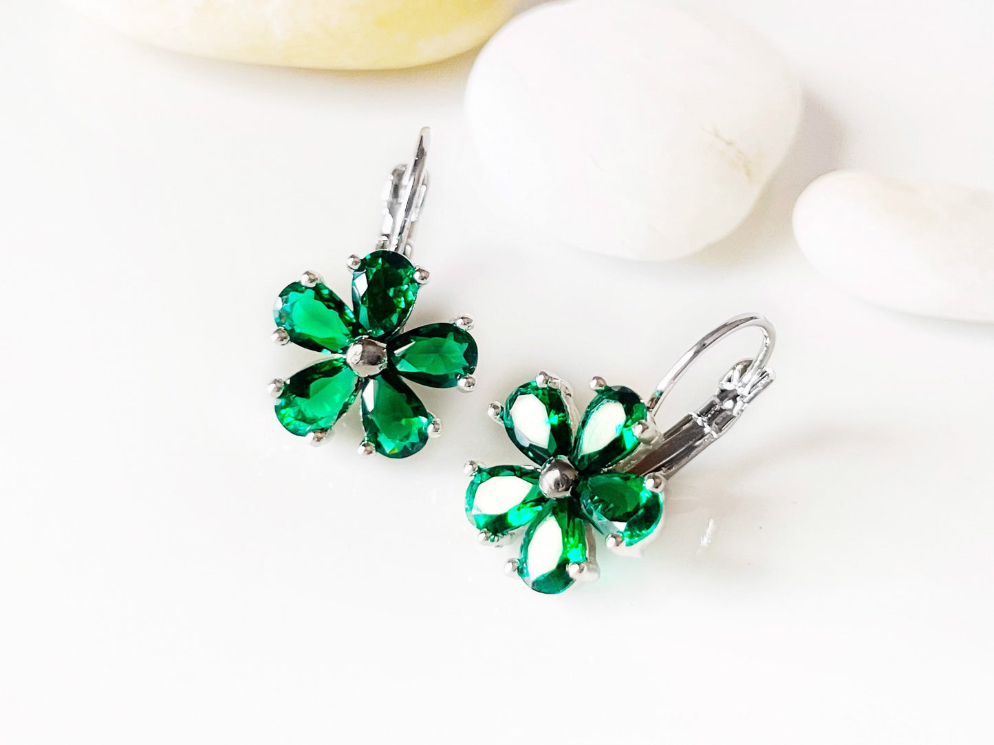 Emerald flower earrings white gold, emerald green flower earrings necklace set, May birthstone earrings, 2pc jewelry set, gift for daughter