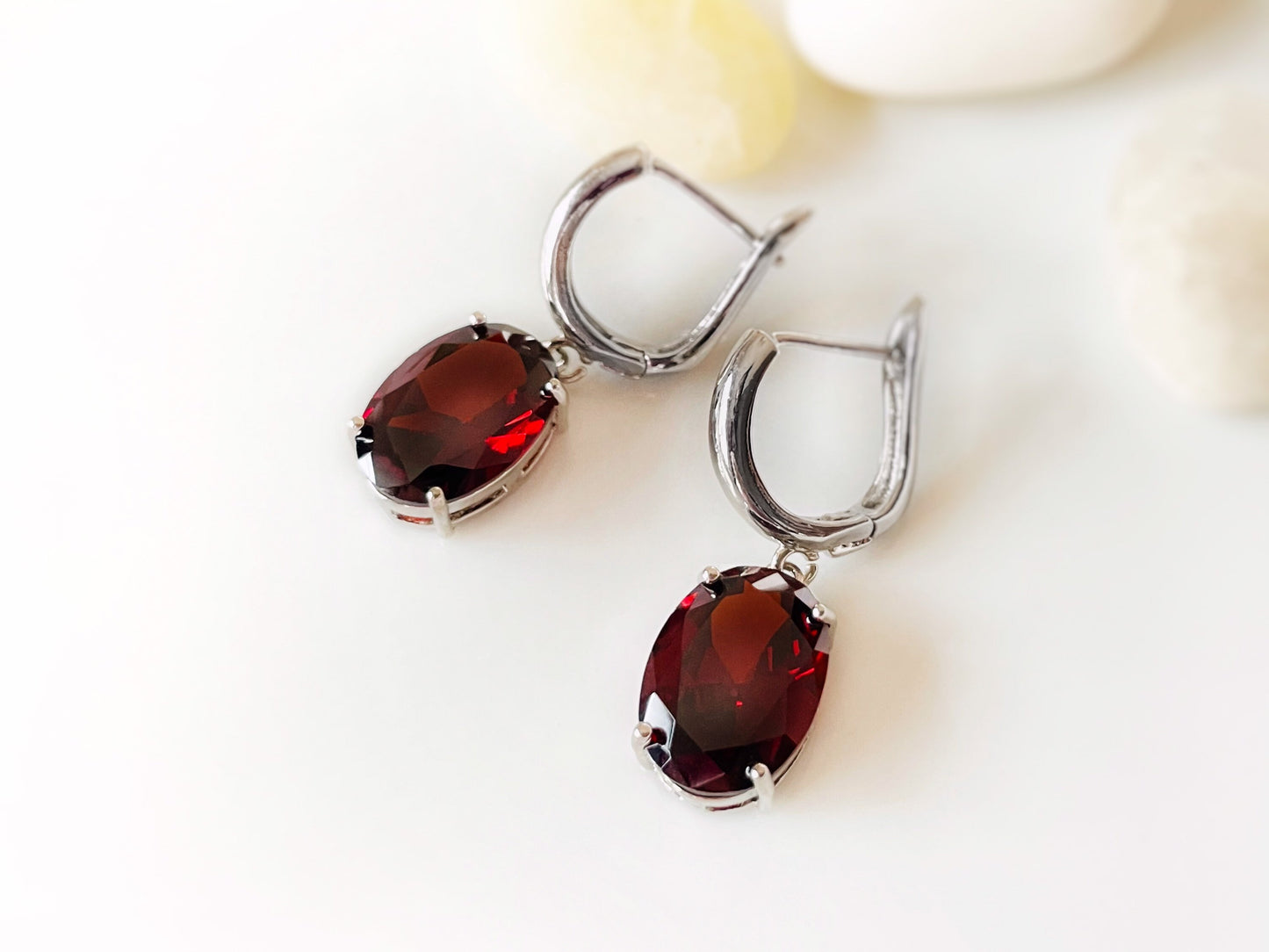 Large cushion cut garnet dangling earrings, dark red gemstone drop earrings, gift for her, gift for mom, bridal earrings, January birthstone