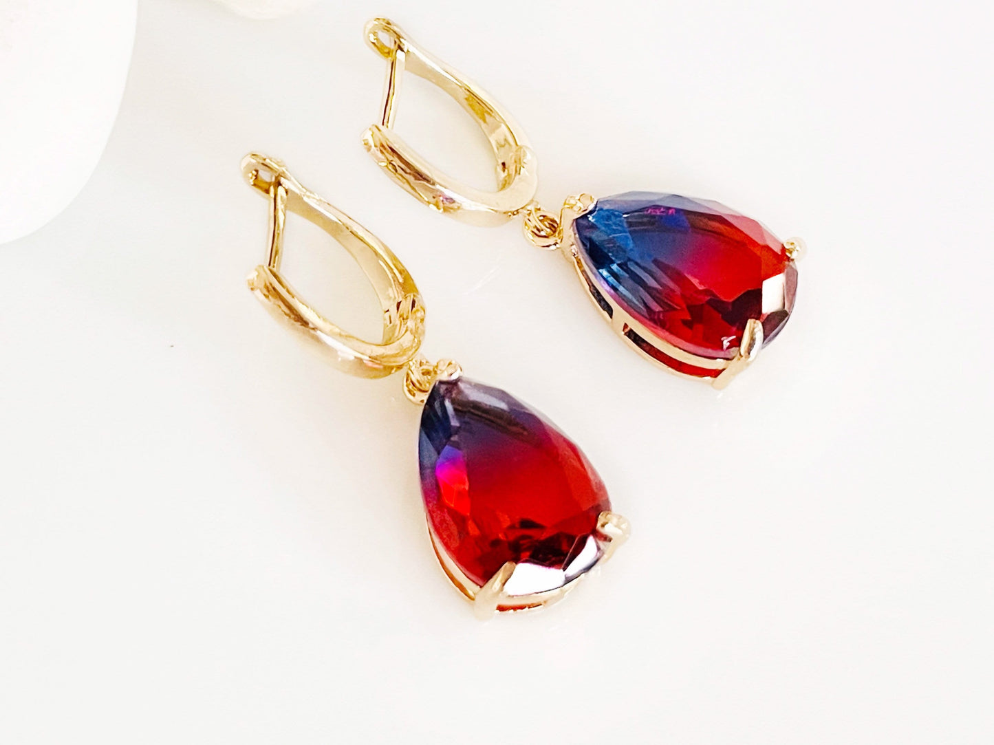 Bicolor red blue tourmaline dangle earrings, red and navy gemstone teardrop earrings, gift for her, gift for mom, July birthstone