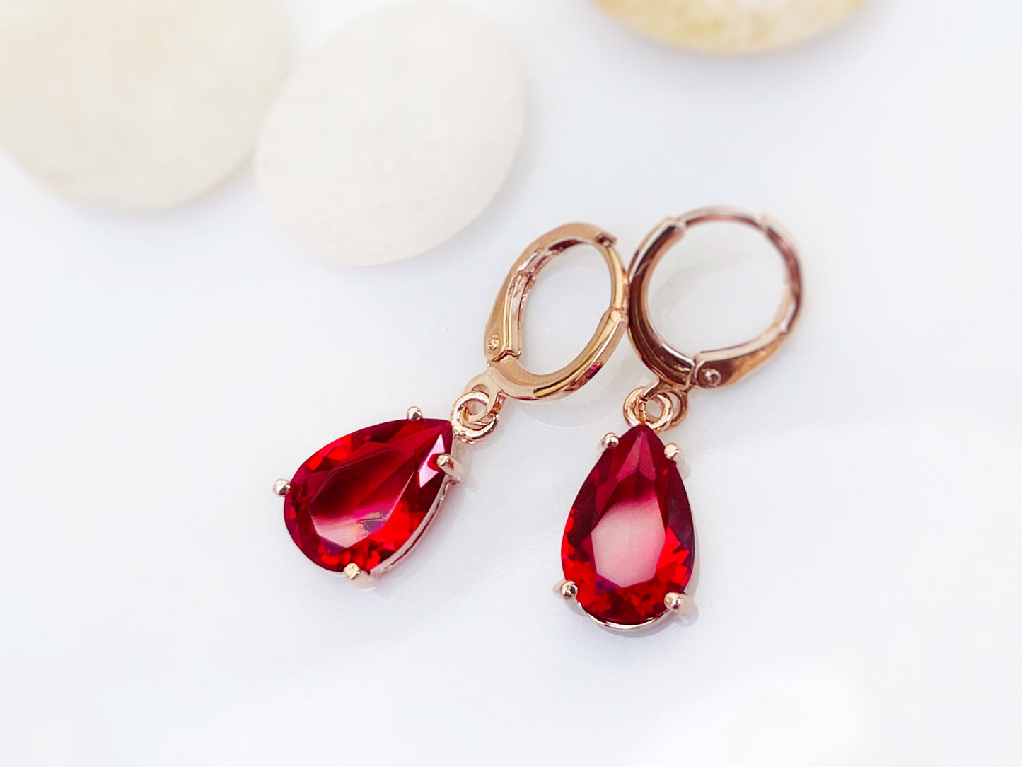 Teardrop ruby gemstone huggie dangle earrings, July birthstones, teardrop red gemstone earrings, bridesmaids earrings, gift for her