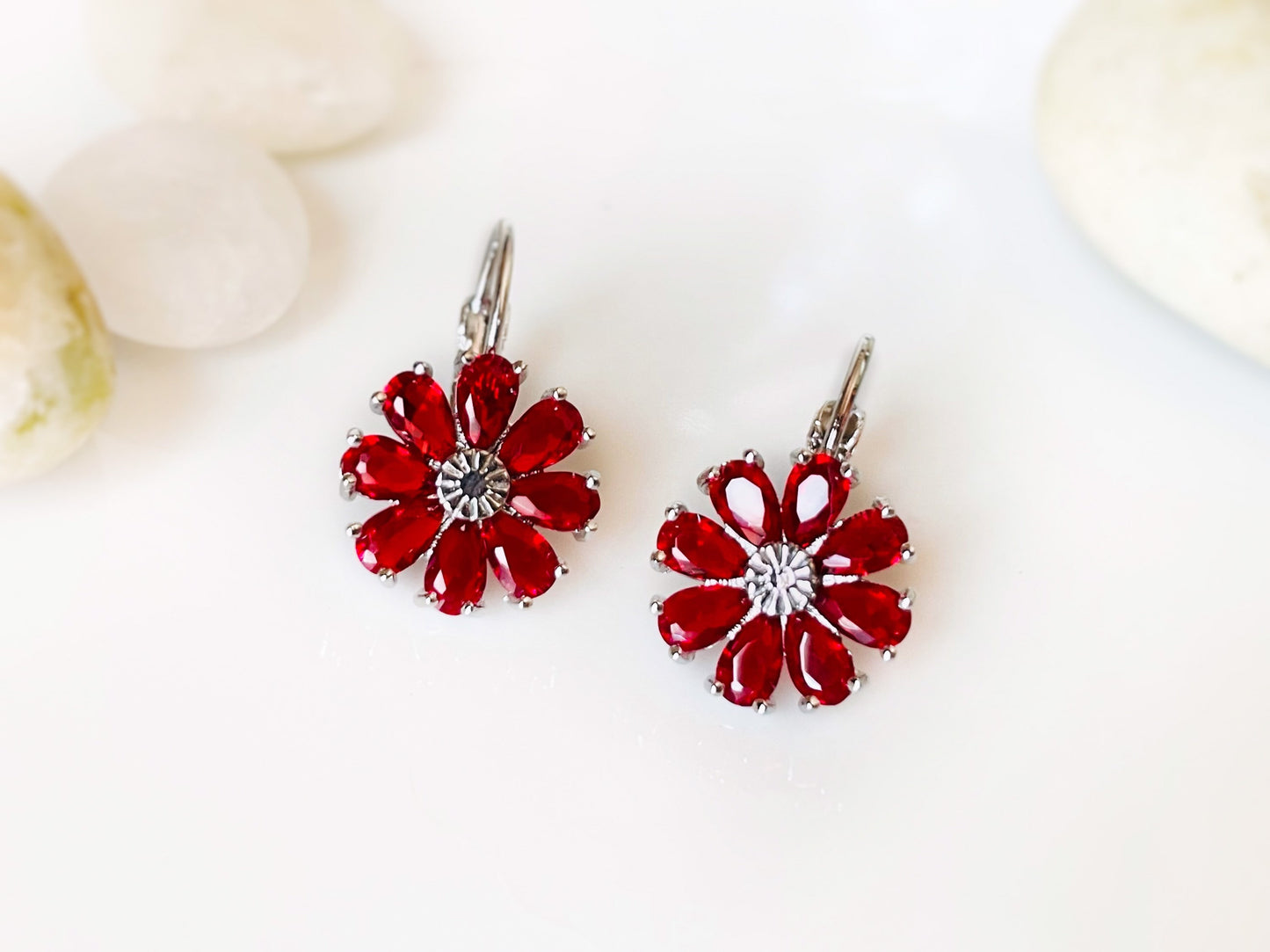 Ruby flower dangle earrings, red gemstone daisy flower drop earrings, July birthstone earrings, gift for mom, gift for her