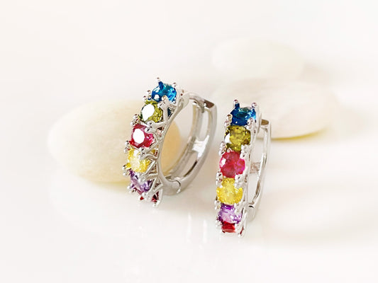 Rainbow Gemstone Hoop Earring in 18K white gold, silver Multicolor Gemstone Hoop earrings, Gift For Her, Gift For Mom