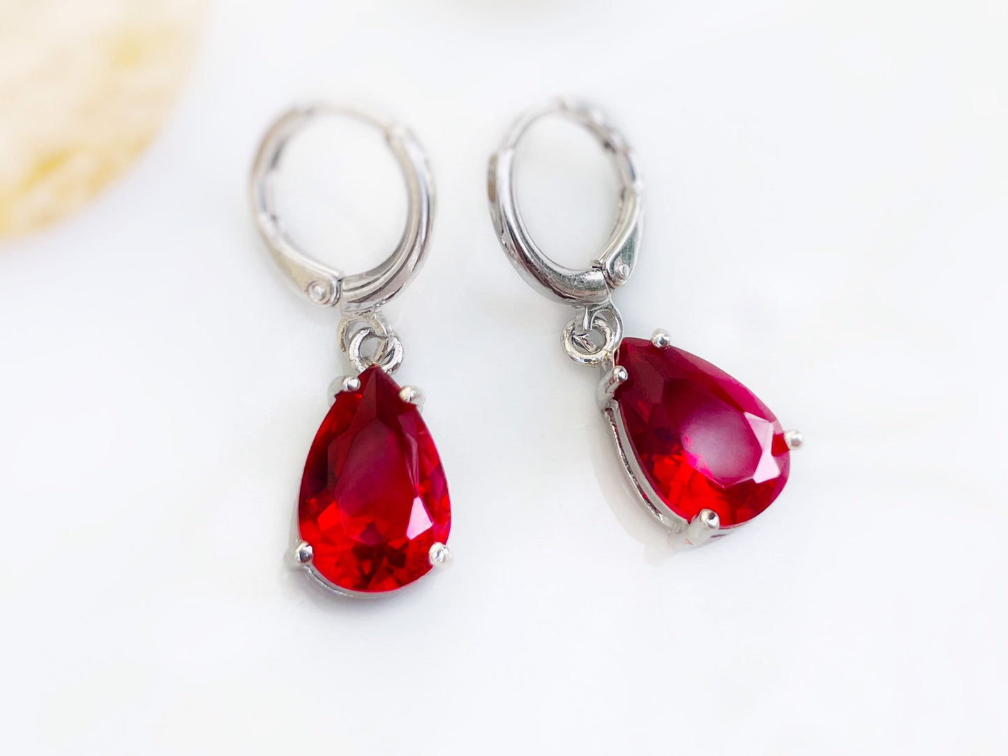 Teardrop ruby gemstone huggie dangle earrings, July birthstones, teardrop red gemstone earrings, bridesmaids earrings, gift for her