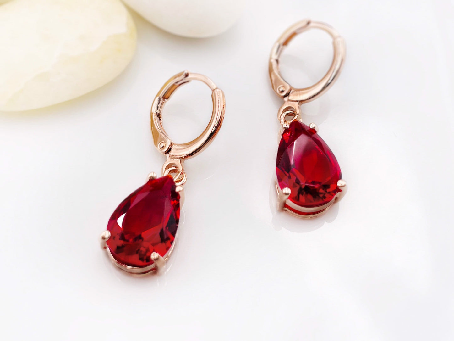 Teardrop ruby gemstone huggie dangling earring in 14k rose gold, July birthstones, red gemstone earrings, gift for her, gift for mom