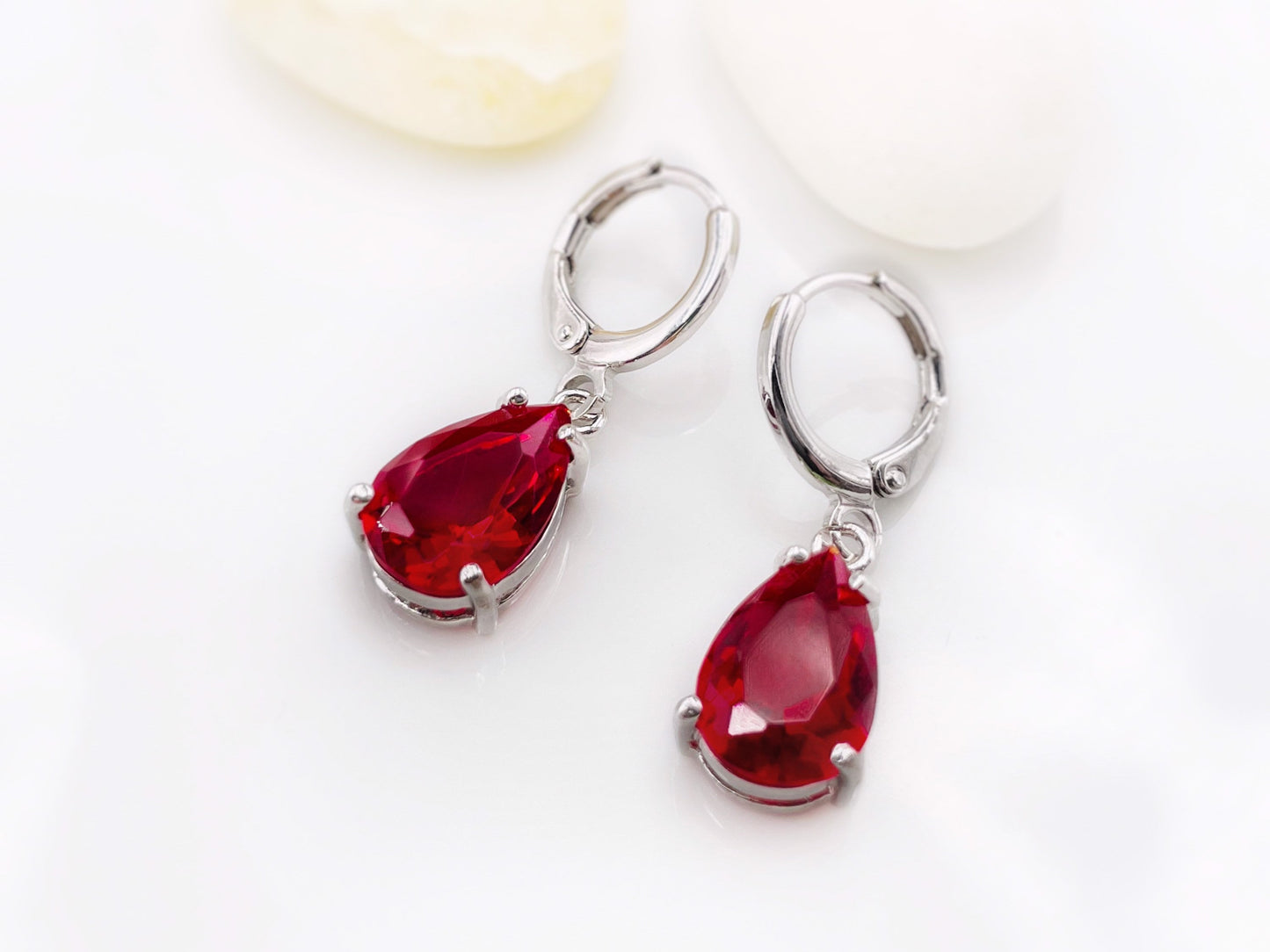 Teardrop ruby gemstone huggie dangling earring in 14k rose gold, July birthstones, red gemstone earrings, gift for her, gift for mom