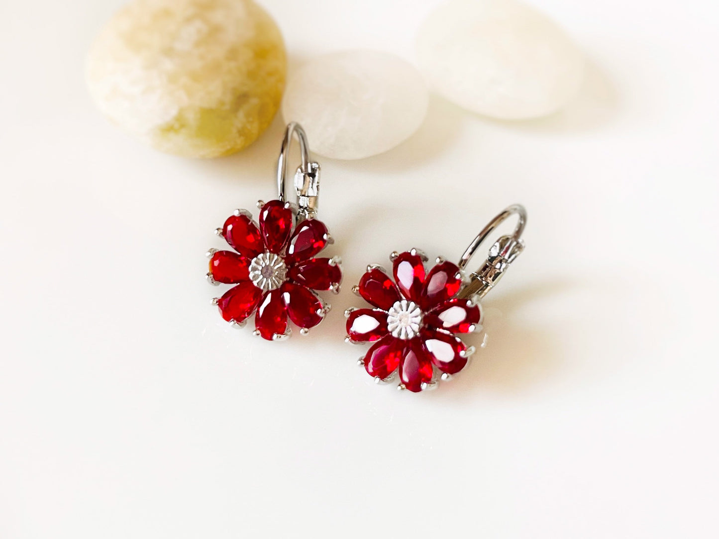 Ruby flower dangle earrings, red gemstone daisy flower drop earrings, July birthstone earrings, gift for mom, gift for her