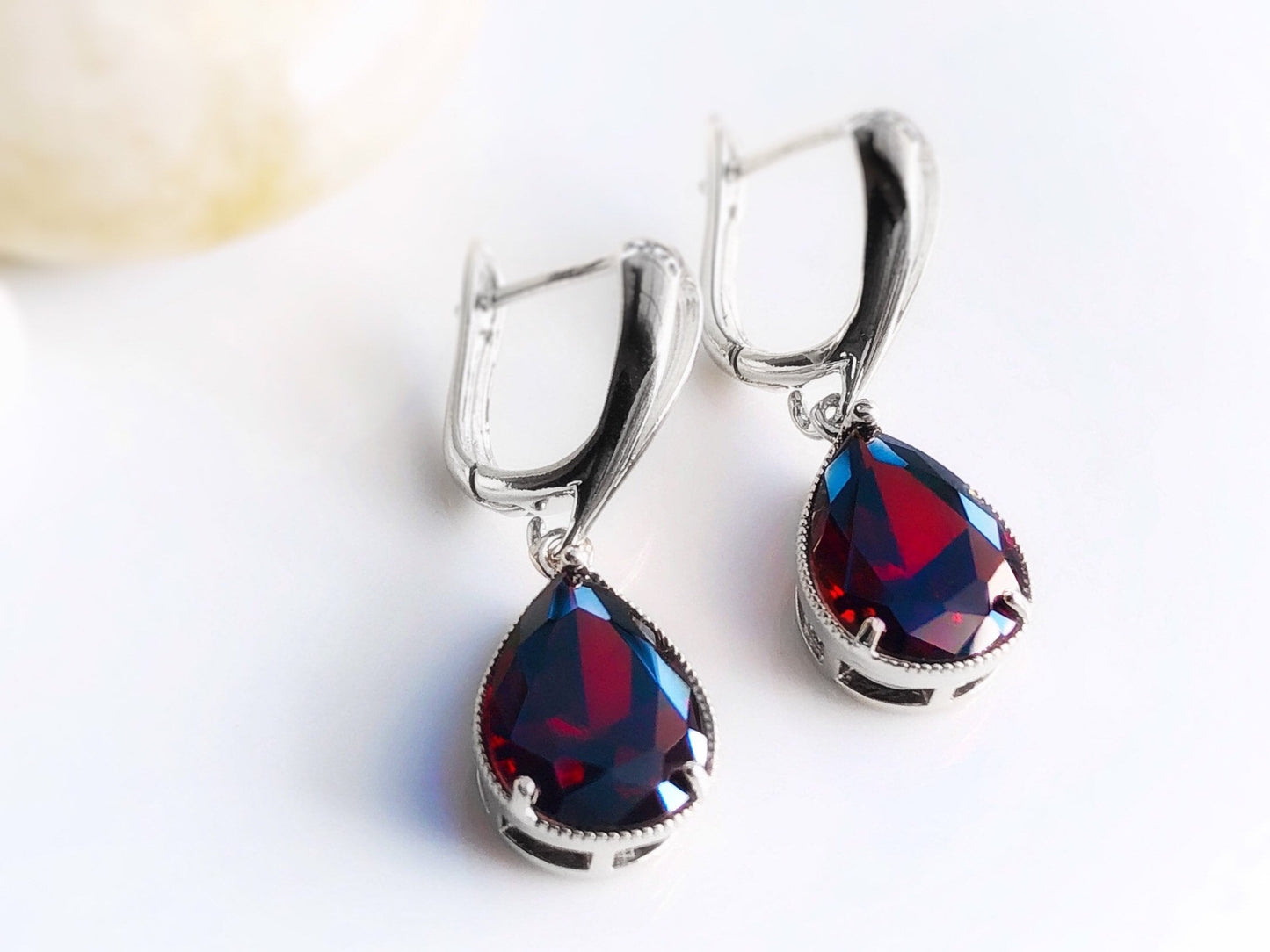 Garnet teardrop dangle earrings, large teardrop dark red gemstone earrings, gift for her, gift for mom, January birthday