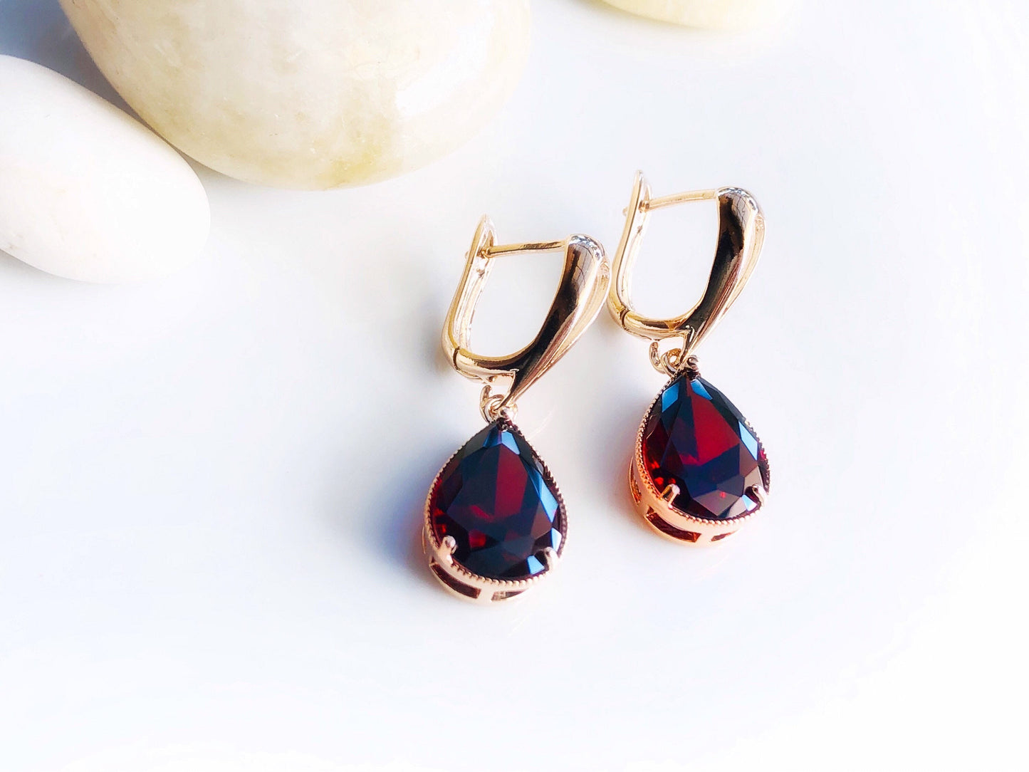 Garnet teardrop dangle earrings, large teardrop dark red gemstone earrings, gift for her, gift for mom, January birthday