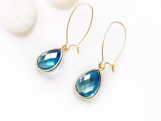 Bicolor sapphire drop earrings in 14K gold, bicolor blue sapphire teardrop crystal gem kidney wire earrings, gift for her, bridal earrings