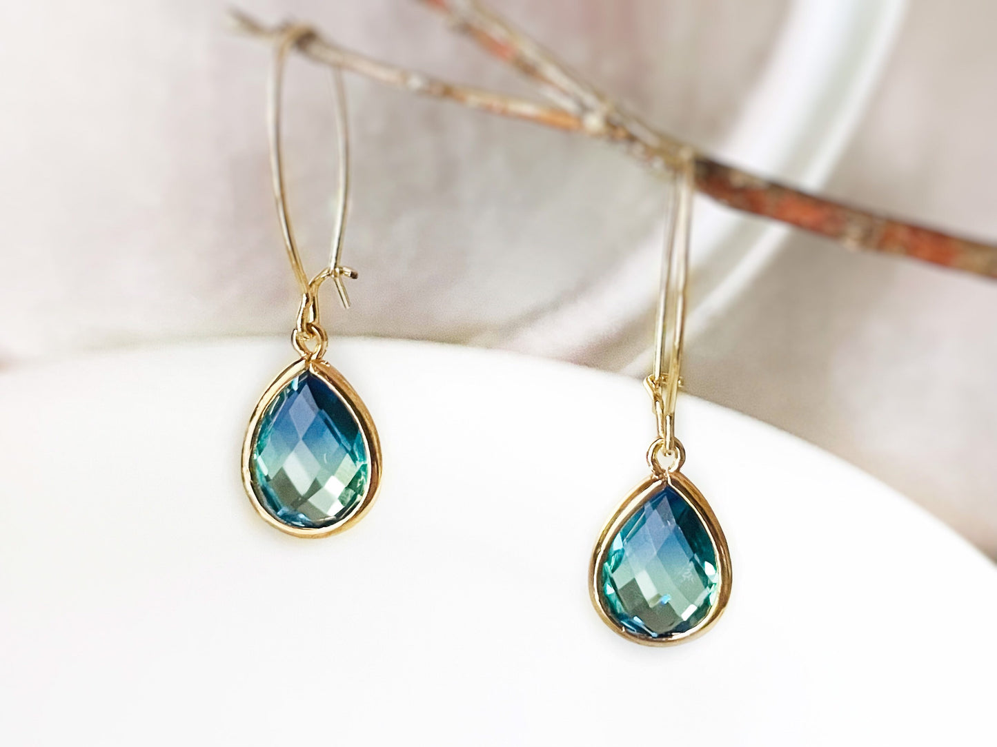 Bicolor blue tourmaline earrings in 14K gold, blue green teardrop crystal gemstones kidney wire earrings, gift for her, bridal earrings