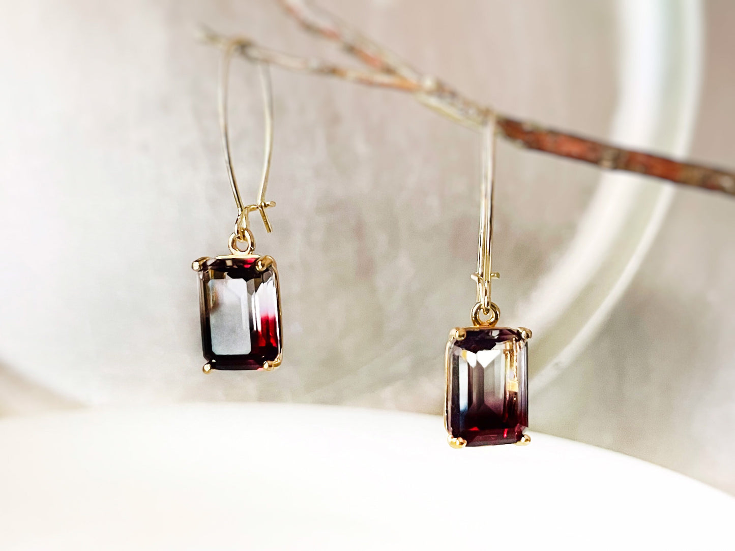 Bicolor black tourmaline dangle earrings in 14K gold, bicolor black clear emerald cut crystal earrings, gift for her, gift for mom