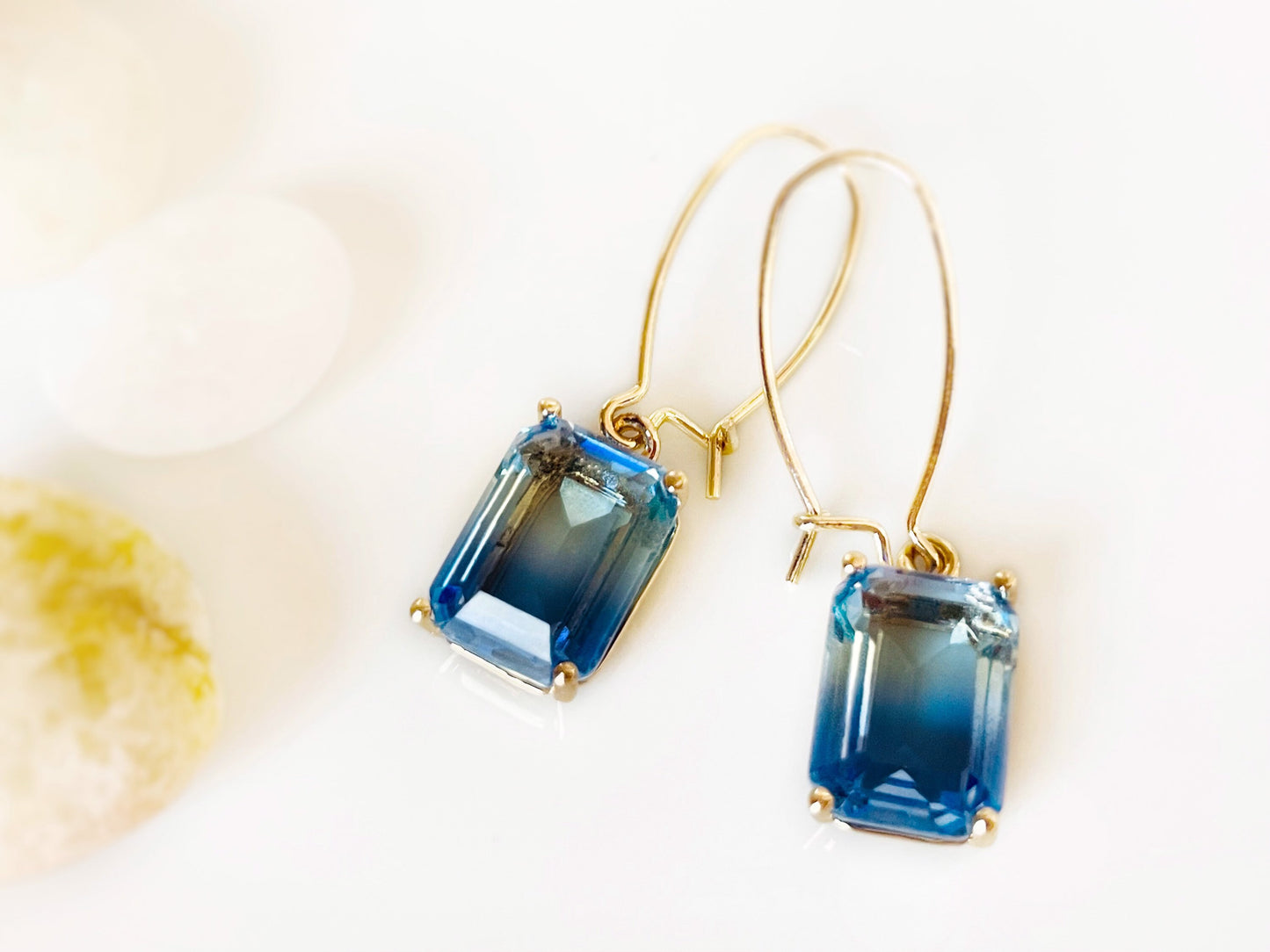 Bicolor sapphire emerald cut earrings in 14K gold filled, Gradient blue sapphire crystals, gift for her, gift for mom