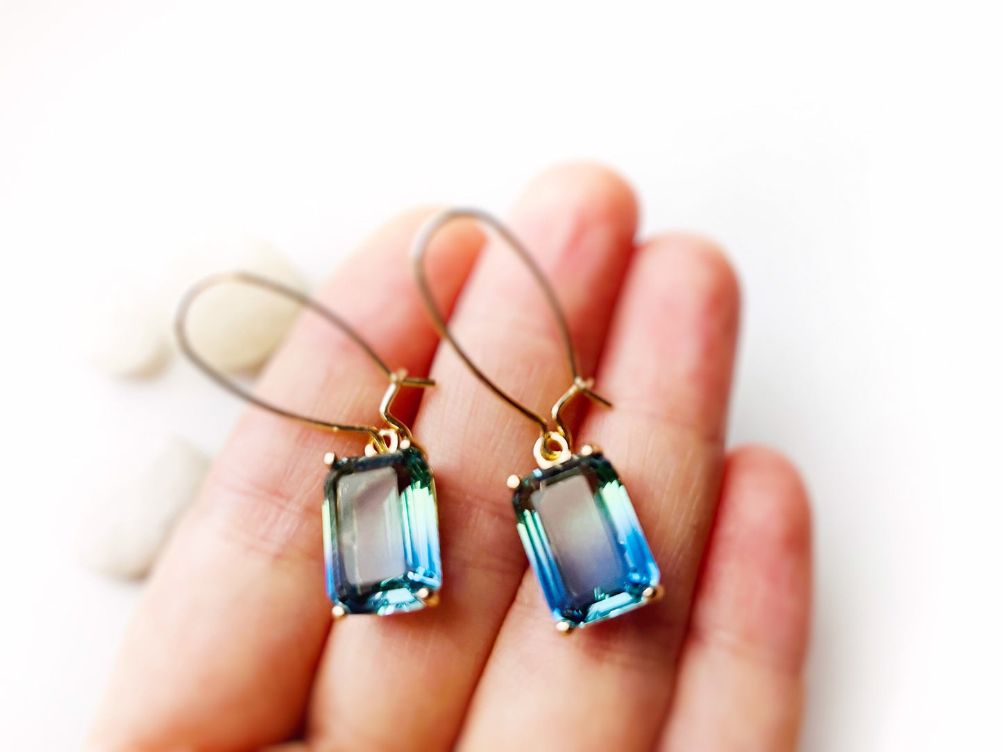 Bicolor sapphire emerald cut earrings in 14K gold filled, Gradient blue sapphire crystals, gift for her, gift for mom