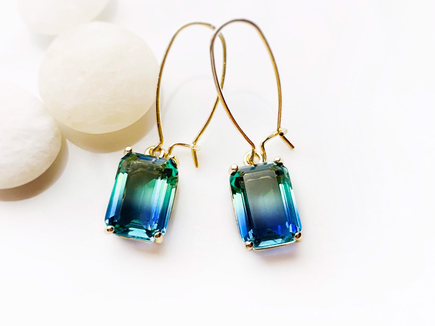 Bicolor blue tourmaline emerald cut earrings in 14K gold filled, Blue green Bicolor sapphire crystals, gift for her, bridesmaids earrings