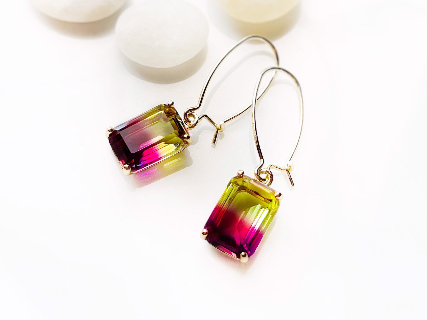 Bicolor ametrine emerald cut earrings with 14k gold kidney wire, purple yellow crystal earrings, gift for her, gift for mom