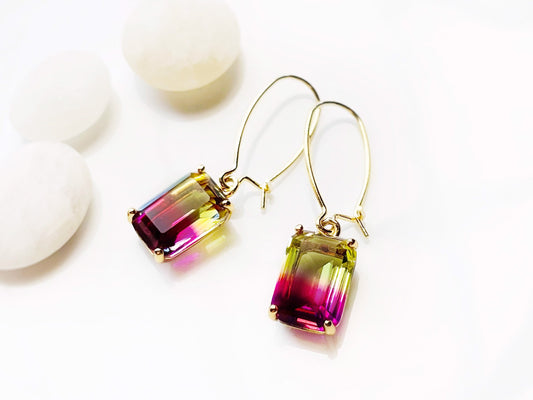 Bicolor ametrine emerald cut earrings with 14k gold kidney wire, purple yellow crystal earrings, gift for her, gift for mom