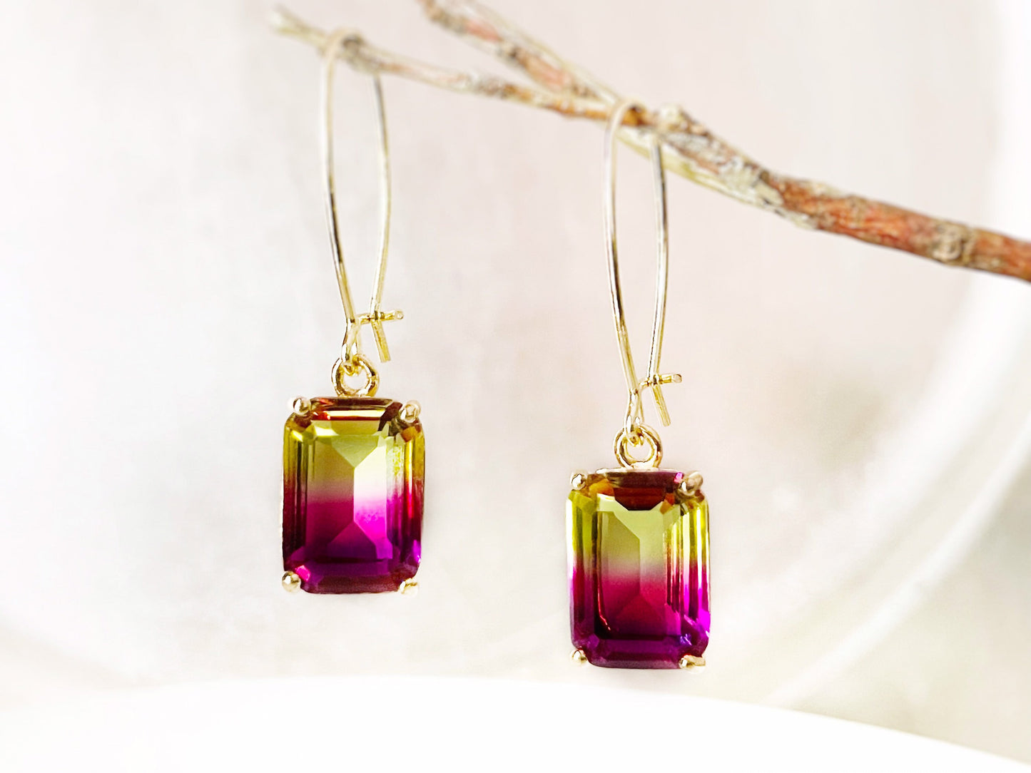 Bicolor ametrine emerald cut earrings with 14k gold kidney wire, purple yellow crystal earrings, gift for her, gift for mom