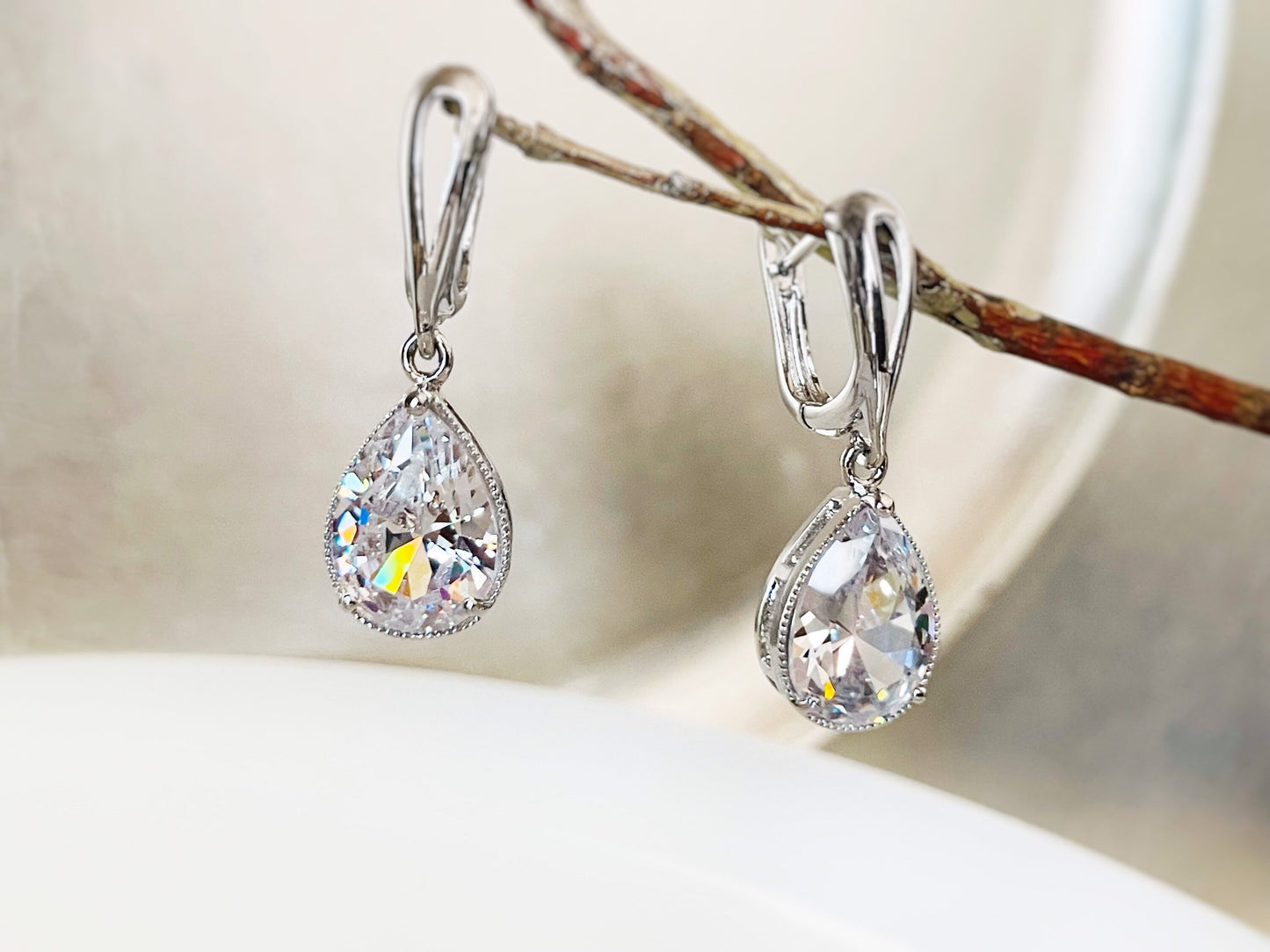 White sapphire teardrop dangle earrings,  large teardrop white gemstone earrings, gift for  mom, bridal party earrings, April birthstone
