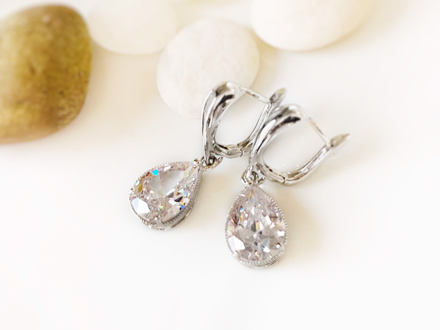 White sapphire teardrop dangle earrings,  large teardrop white gemstone earrings, gift for  mom, bridal party earrings, April birthstone