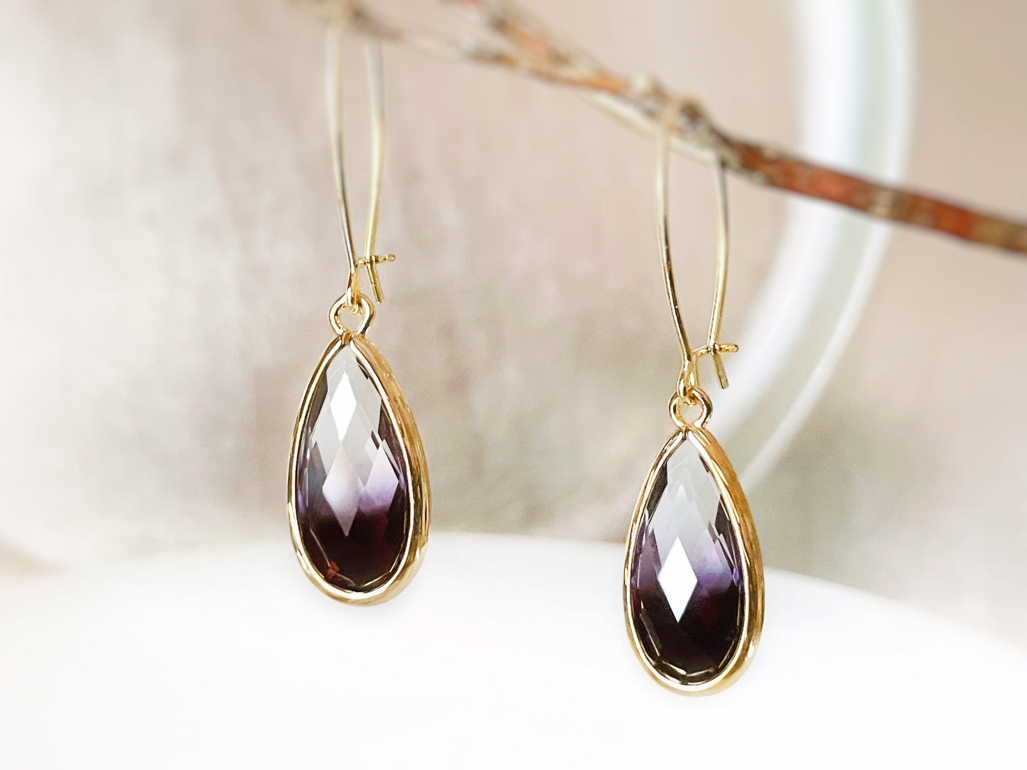 Bicolor black crystal earrings in 14K GP, gradient clear black long pear shaped crystals drop earrings, gift for her, gift for mom