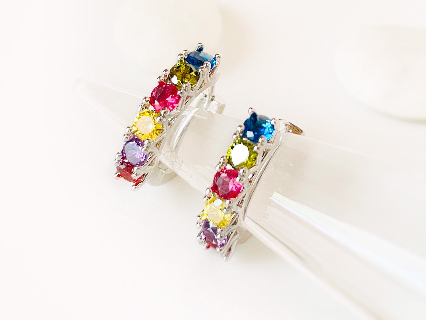 Rainbow Gemstone Hoop Earring in 18K white gold, silver Multicolor Gemstone Hoop earrings, Gift For Her, Gift For Mom