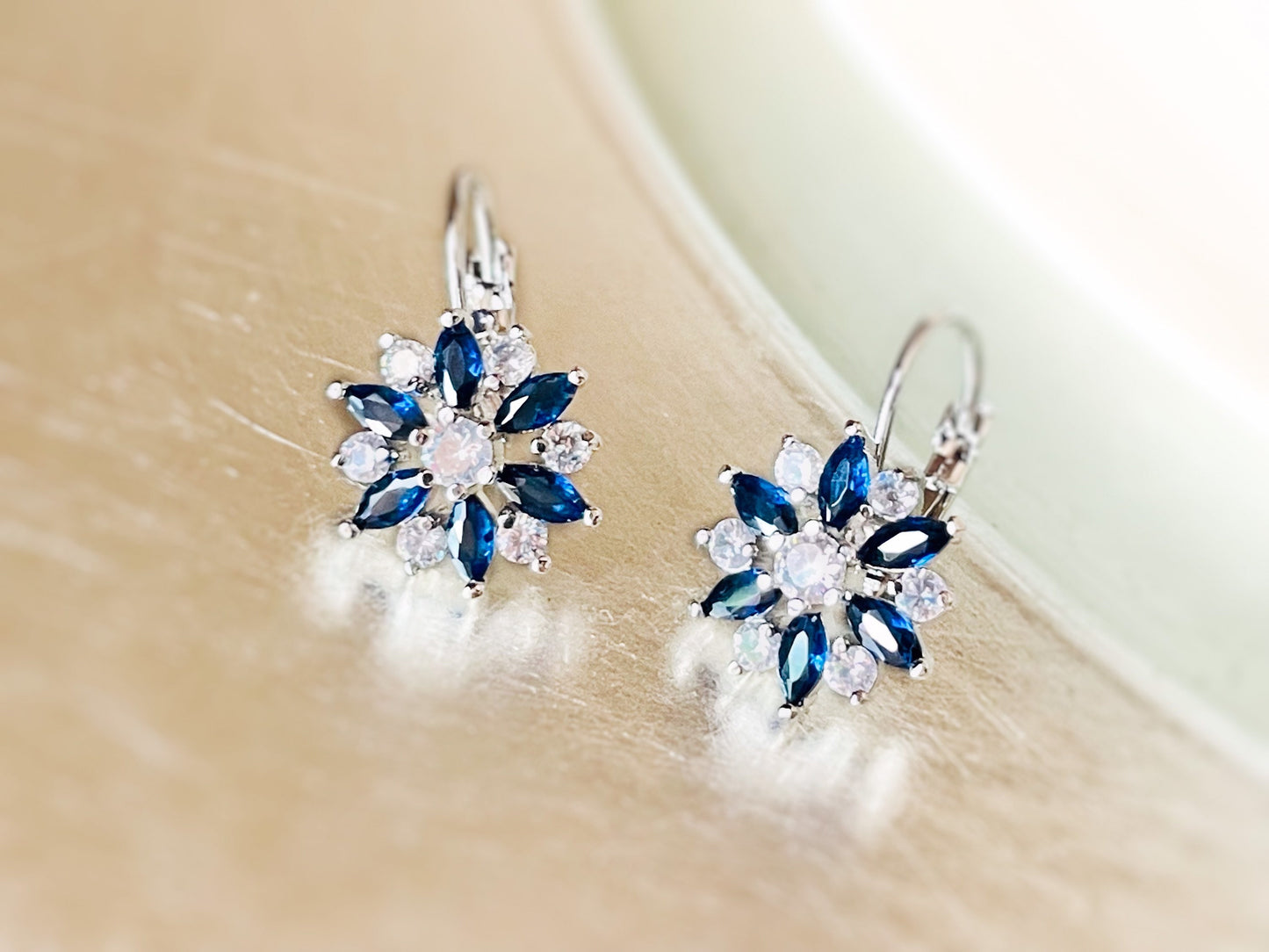 Sapphire flower leverback earrings 18k white gold, bridal earrings, gift for her, gift for mom, September birthstone, birthday gift