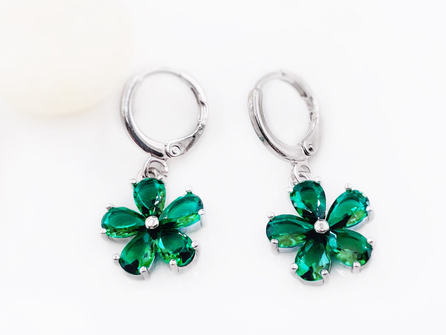 Emerald flower earrings white gold, emerald green flower earrings necklace set, May birthstone earrings, 2pc jewelry set, gift for daughter