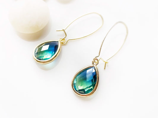 Bicolor blue tourmaline earrings in 14K gold, blue green teardrop crystal gemstones kidney wire earrings, gift for her, bridal earrings