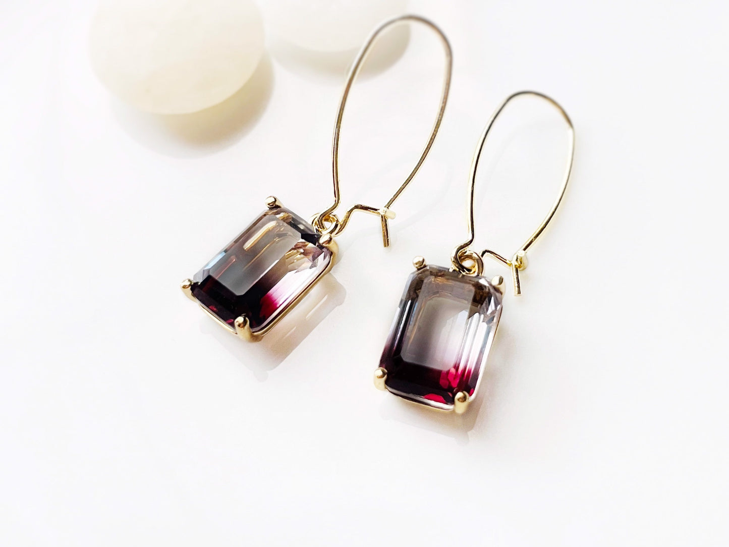 Bicolor black tourmaline dangle earrings in 14K gold, bicolor black clear emerald cut crystal earrings, gift for her, gift for mom