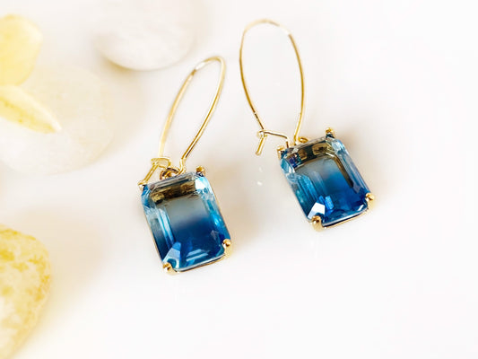 Bicolor sapphire emerald cut earrings in 14K gold filled, Gradient blue sapphire crystals, gift for her, gift for mom