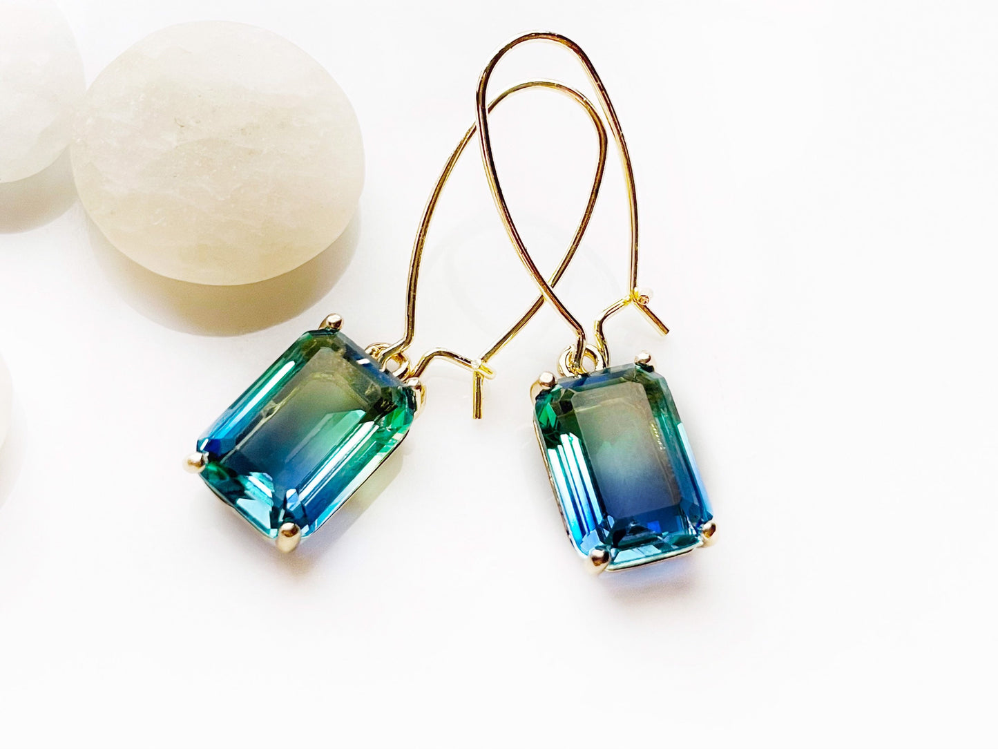 Bicolor blue tourmaline emerald cut earrings in 14K gold filled, Blue green Bicolor sapphire crystals, gift for her, bridesmaids earrings