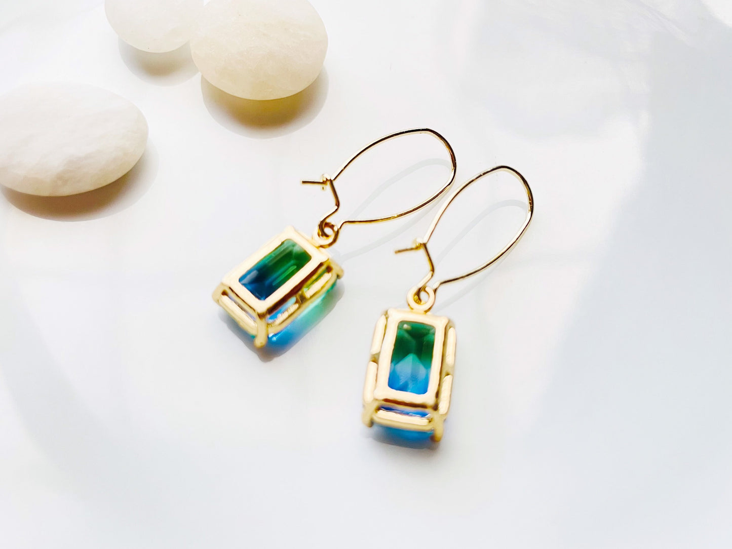 Bicolor red navy tourmaline emerald cut dangle earrings gold , red blue crystal drop earrings, gift for her, gift for mom