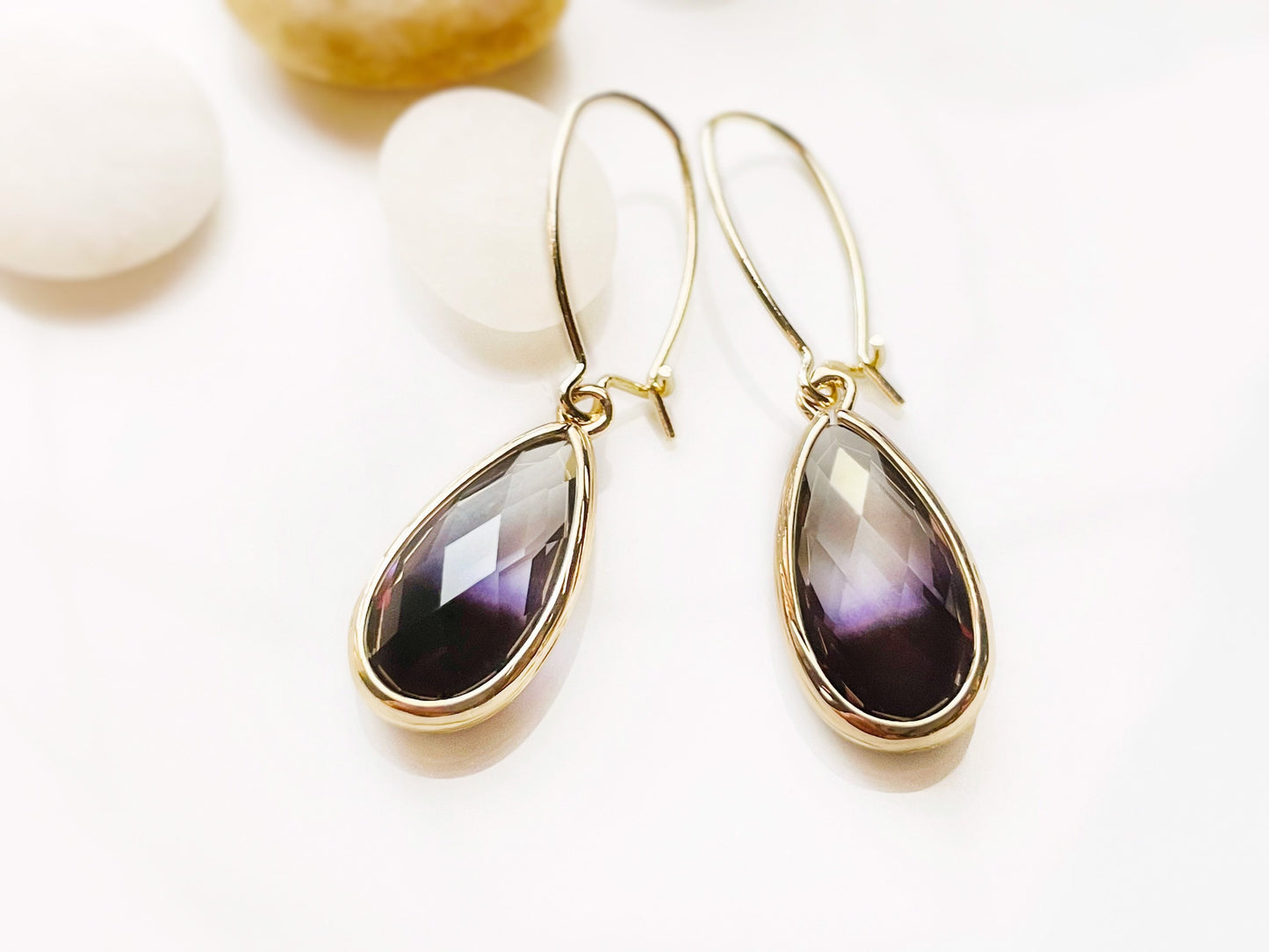 Bicolor black crystal earrings in 14K GP, gradient clear black long pear shaped crystals drop earrings, gift for her, gift for mom