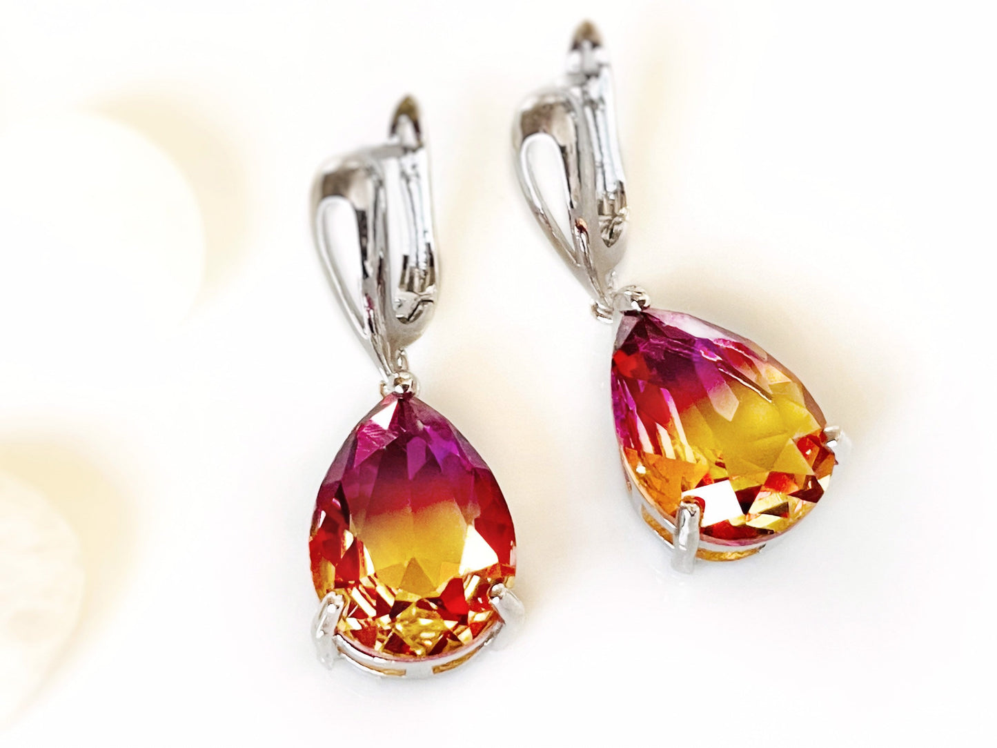 Large bi-color imperial topaz dangling earring in 18k white gold, orange pink topaz drop earrings, gift for her, gift for mom.