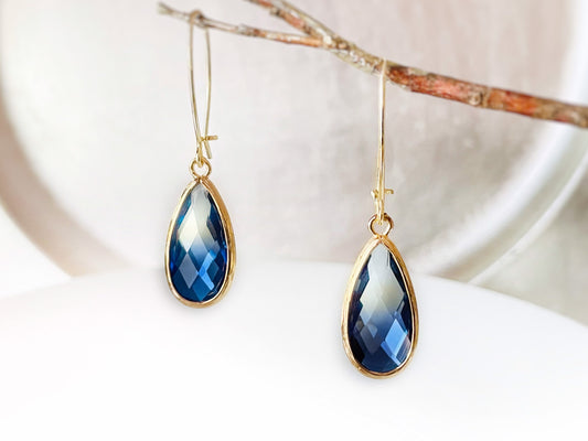 Bicolor sapphire drop long earrings in 14K gold, Gradient blue sapphire statement earrings, gift for her, gift for mom, September birthstone