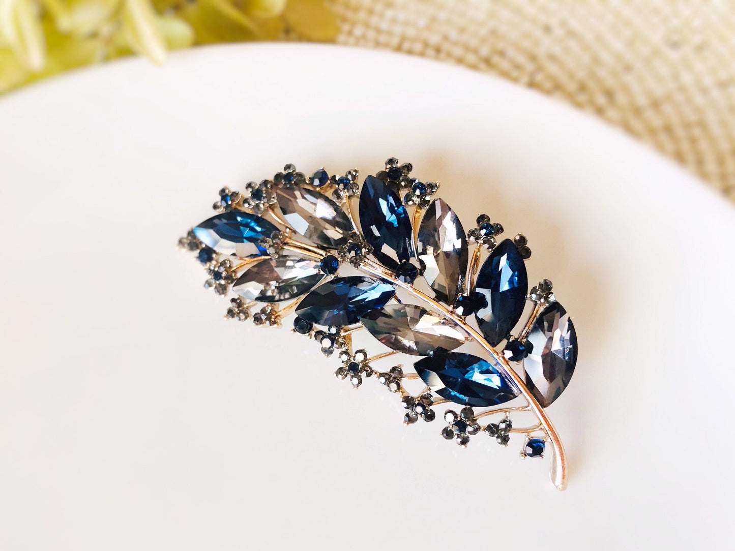 Sapphire blue grey crystal leaf brooch pin, large blue grey crystal brooch, large crystal brooch, leaf statement pin