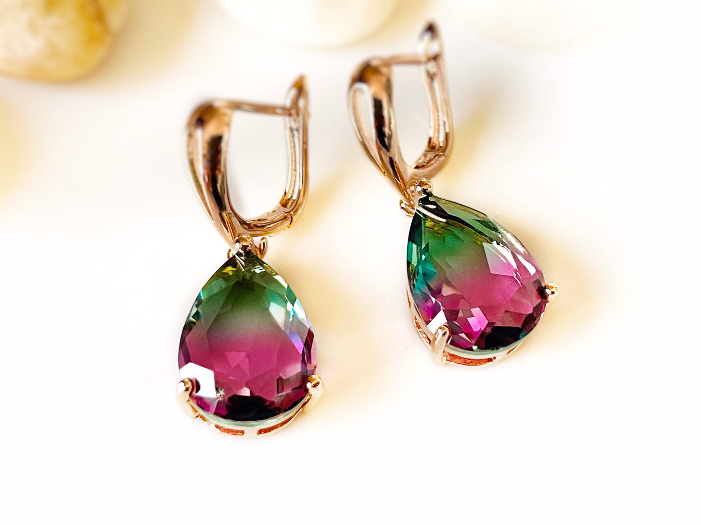 Large watermelon tourmaline dangling earrings gold, bicolor tourmaline earrings, pink green gemstone earrings, gift for her, gift for mom
