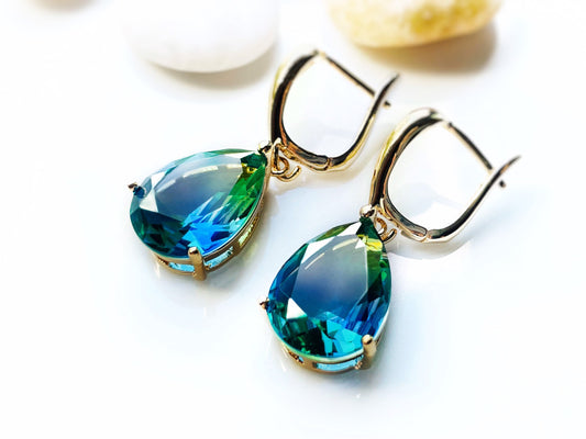 Large bicolor green tourmaline dangle earrings, large teardrop bicolor green blue drop earrings, gift for her, gift for mom, May birthstone