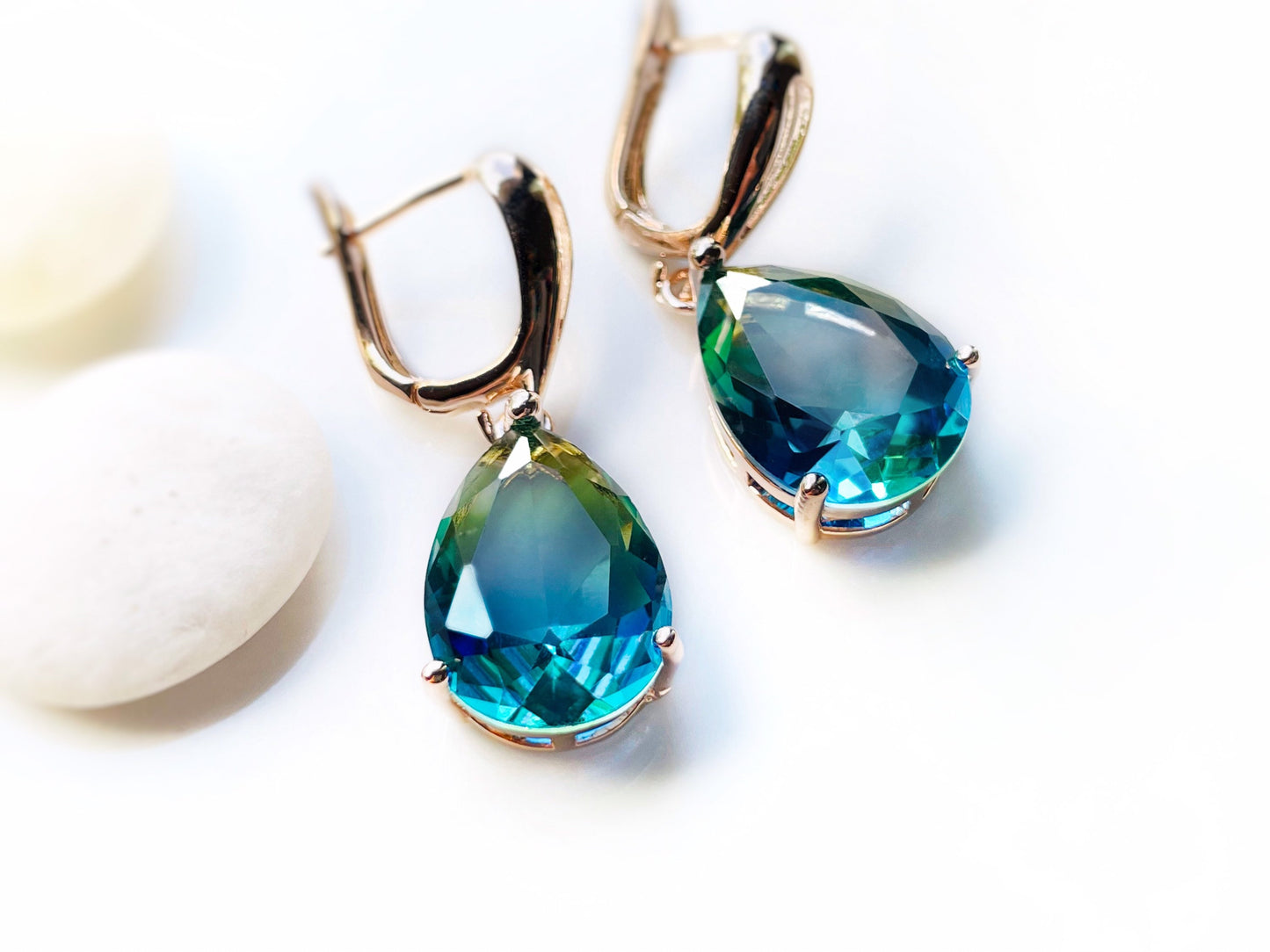 Bicolor green tourmaline earring 18K white gold, large teardrop bicolor green blue dangle earrings, gift for her, gift for mom