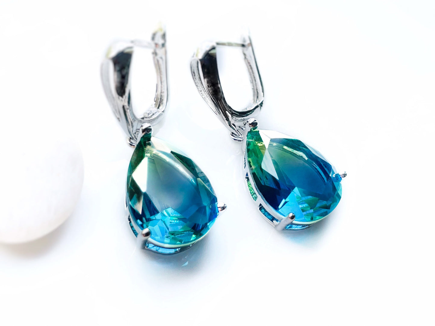 Bicolor green tourmaline earring 18K white gold, large teardrop bicolor green blue dangle earrings, gift for her, gift for mom