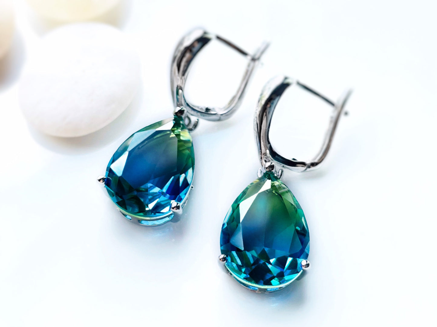 Bicolor green tourmaline earring 18K white gold, large teardrop bicolor green blue dangle earrings, gift for her, gift for mom