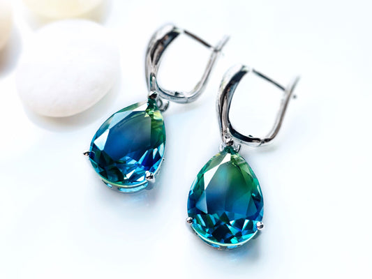 Bicolor green tourmaline earring 18K white gold, large teardrop bicolor green blue dangle earrings, gift for her, gift for mom