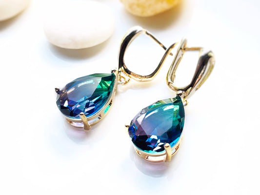 Large bicolor tanzanite dangle earrings, large teardrop green purple dangle earrings, statement dangles, gift for her, gift for mom
