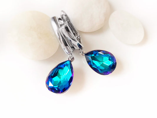 Bermuda Blue dangle earrings, blue crystal lever back studs, fancy blue Crystal, bridal earrings, gift for her